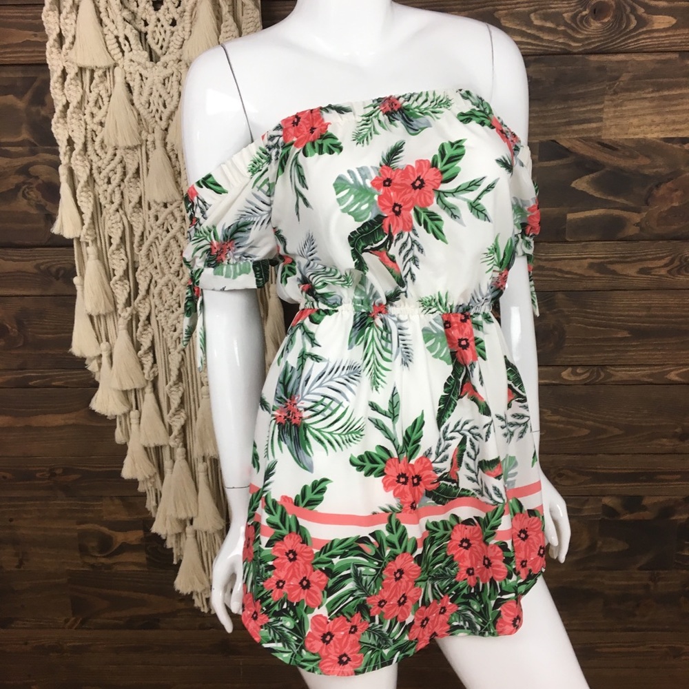 Blush |‎ Tropical Floral Off Shoulder Dress Hibiscus Flowers